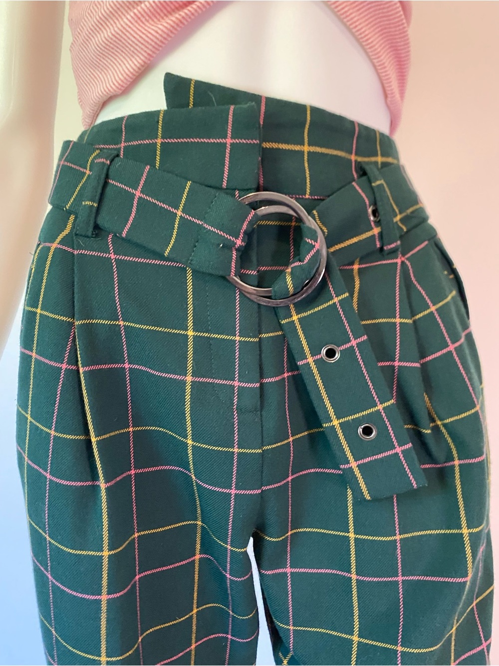 Topshop Green Plaid Pants with Pink and Yellow Windowpane